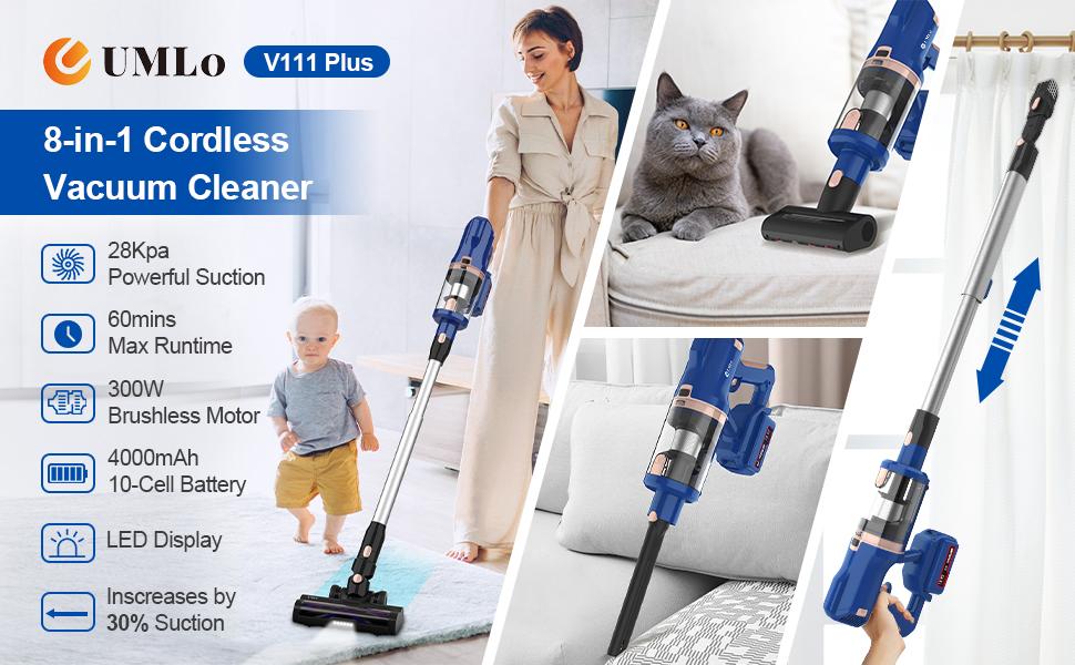 UMLo V11 Blue Cordless Stick Vacuum Cleaner – 2-in-1 Handheld & Floor Cleaning with HEPA Filtration, 300W Motor, 4000mAh Battery, LED Display