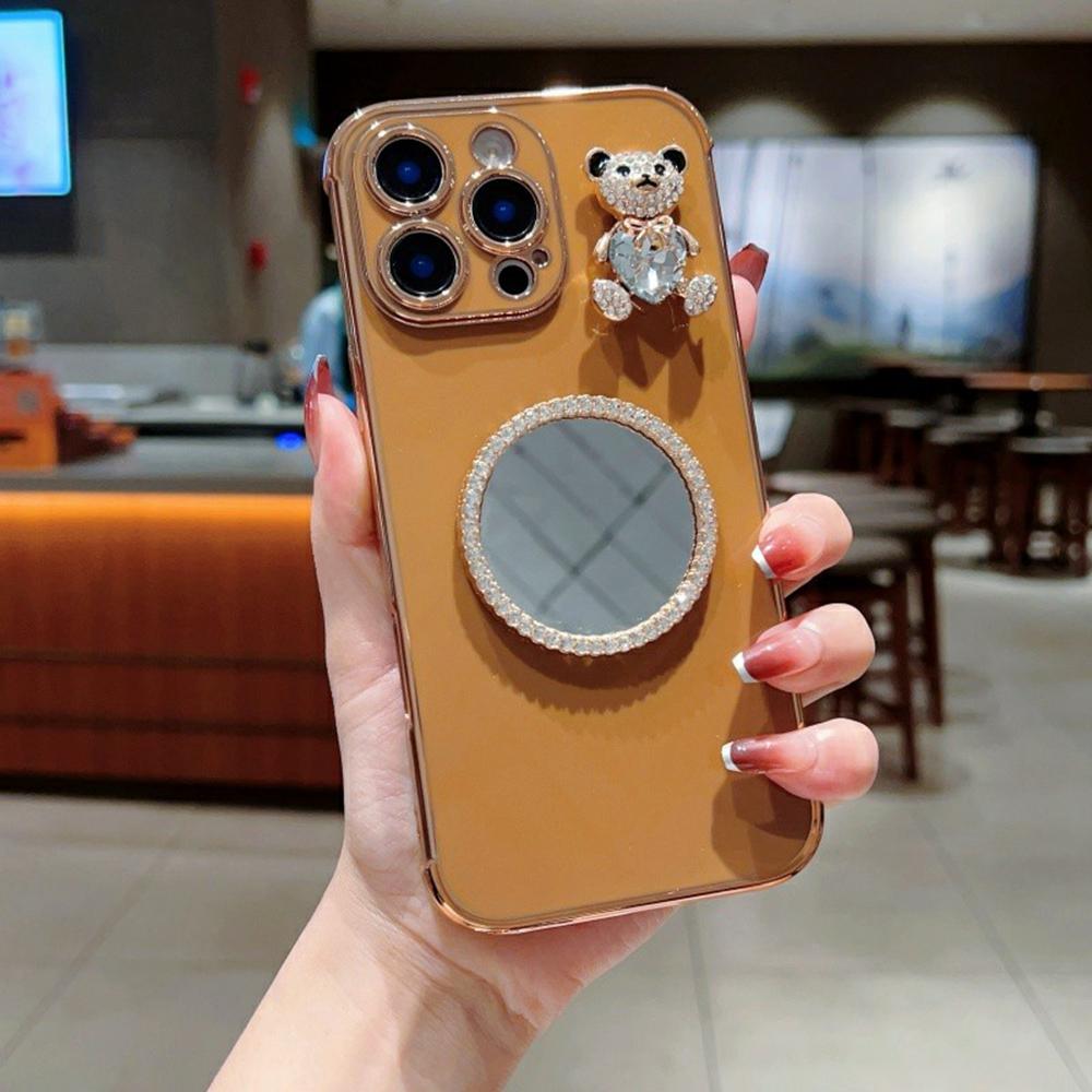 Чехол для iPhone 16 Pro с рисунком сердечек, гальванизированный ТПУ чехол для телефона с маленьким мишкой и зеркалом