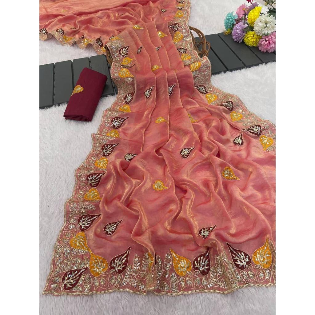 Чистые мягкие атласные сари Fandy с потрясающими пайетками 3 мм и многоцветной вышивкой нитями