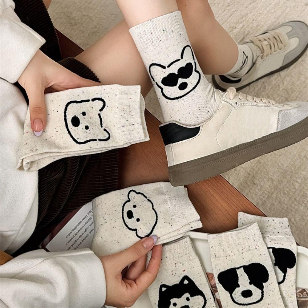 Cute Cartoon Dog Short Socks Dot Yarn Women Mid-calf Socks Soft Cotton Tube Socks  Girl