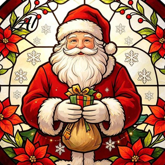 Holiday Storefront Glass Decals Round Christmas Window Sticker Stained Style Removable Static Thickened PVC Art Cling Santa Claus Tree Decal