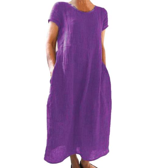 Летнее платье макси с боковыми карманами, круглым вырезом, короткими рукавами, свободное однотонное платье длиной до щиколотки в стиле ретро для повседневной носки, свиданий, путешествий