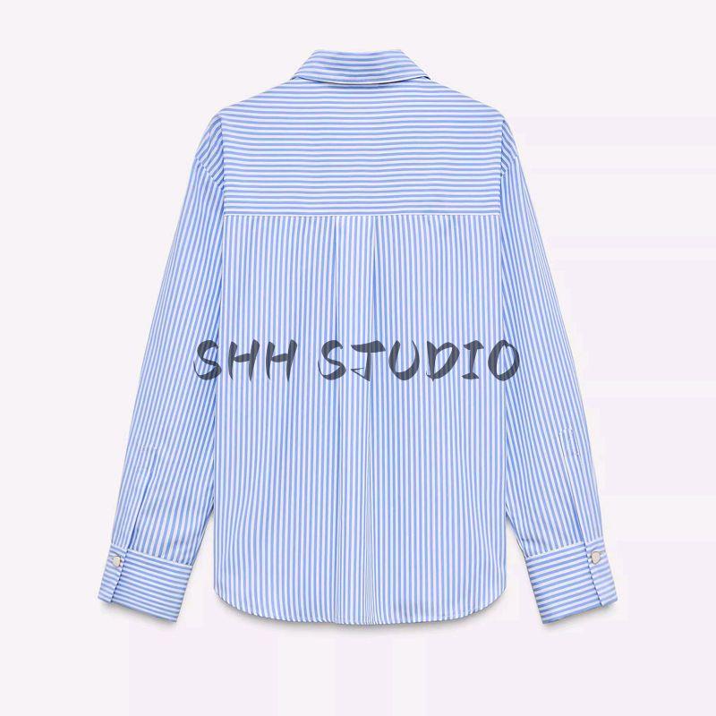 Spring New Women's Clothing Patchwork Button Decoration Stripes Poplin Easiest for Match Long Sleeves Lapel Shirt 2238832