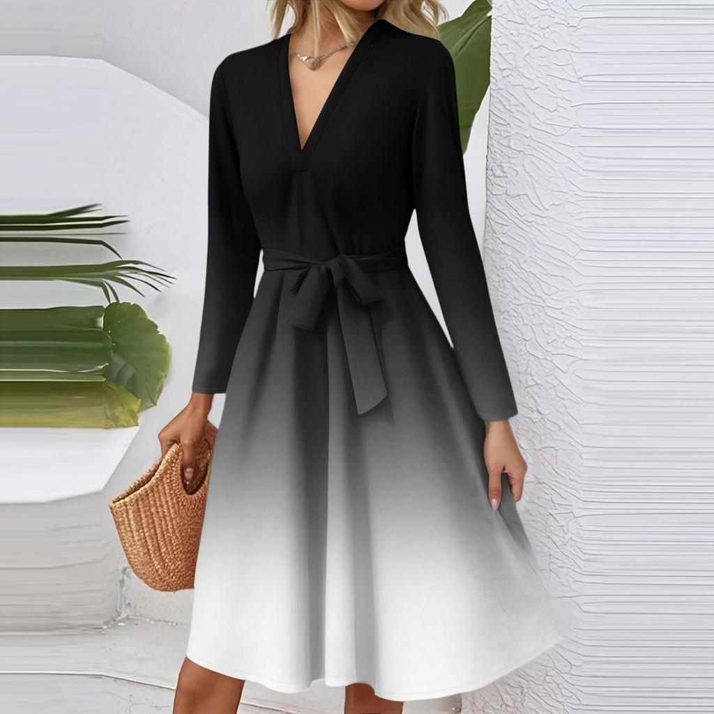 Женское модное повседневное платье миди с V-образным вырезом, длинными рукавами, приталенное, с градиентным принтом