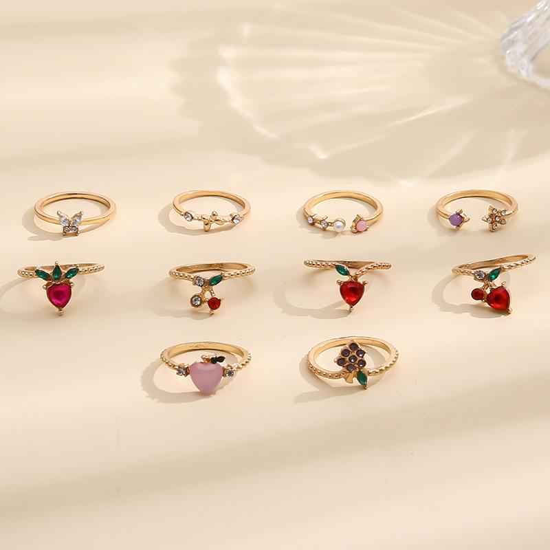 Apple Peach Strawberry Cherry Butterfly Grape Fun Ring 10-piece Ring Set