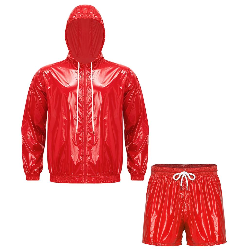 Mens Waterproof Sportswear Long Sleeve Zip Up Hooded Jacket Windbreaker Built-in Briefs Boxer Shorts Sweat Outfit
