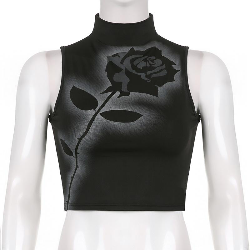 Черный укороченный топ с принтом розы, летняя готическая одежда Y2k, укороченный корсет, эстетичная водолазка без рукавов, белые майки с графическим рисунком