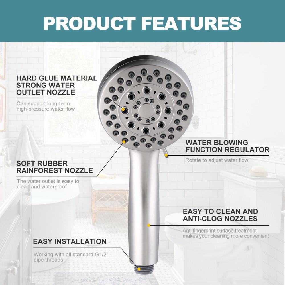 5-Setting Shower Head with Handheld, High Pressure Bathroom Shower Head with Holder, Brushed Nickel Detachable Showerhead Set