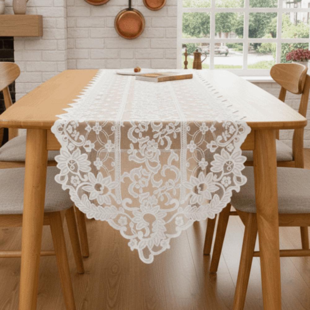 Minimalist Elegant Lace Table Runner Long Strip Shape Soft Vintage Tablecloth Washable Polyester Table Cover Dining Room