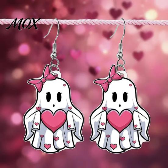 Drop Earrings Pink Heart Ghost Earrings, Cute with Bow Lightweight Acrylic Halloween for Girls Women Durable
