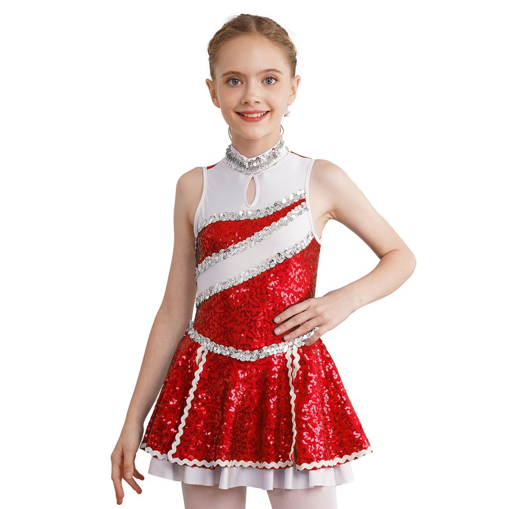 Kids Girls Glitter Sequins Cheerleading Uniform Cheer Leader Outfits Dance Dress Performance Dancewear