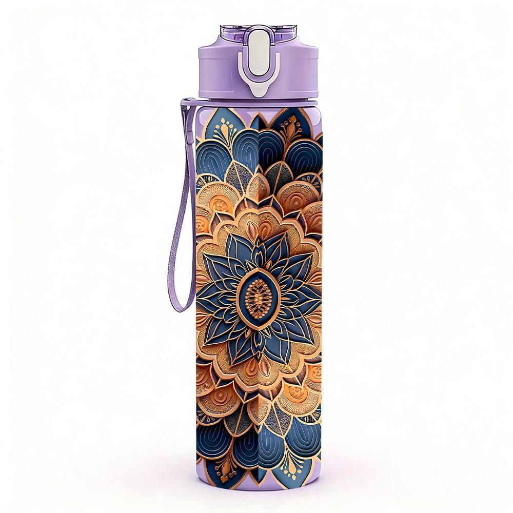 1PC Bohemian Mandala Flower Art Print 750ml Color Plastic Sports Water Bottle Leakproof Flip Straw Lid Suitable for Sports Office Home Use