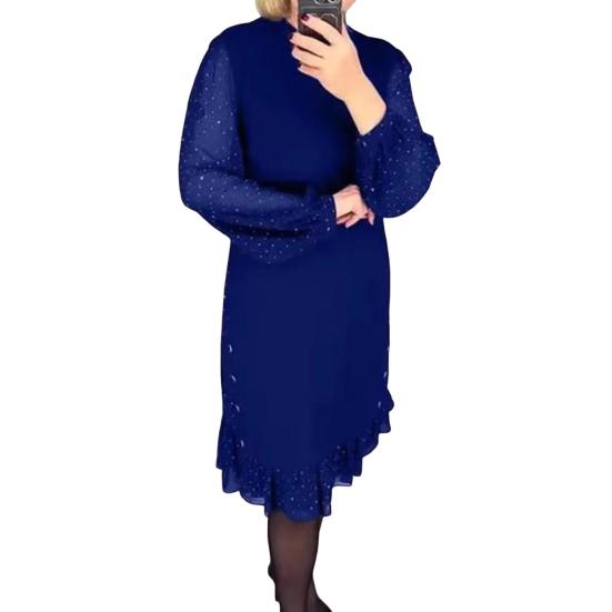 Women Midi Dress Long Mesh Balloon Sleeve with Dot Printing Ruffle Hem