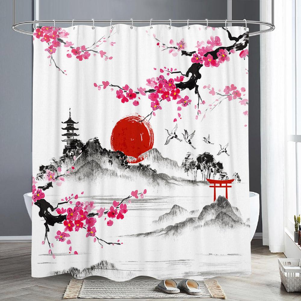 Ветка цветущей красной сливы Японская китайская занавеска для душа Восточное солнце Туманные горы Чернила Природа Пейзаж Ванная комната Искусство Шторы