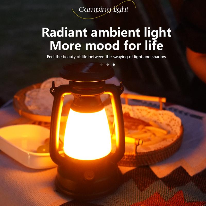 Portable Camping Lantern USB Rechargeable And Solar Energy Charging Hanging Tent Lamp Stepless Dimming of Cold and Warm Light