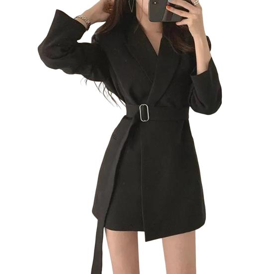 Women Suit Coat Lapel Long Sleeve Belt Suit Jacket with Side Pockets Solid Color Loose Fit Office Lady Outwear