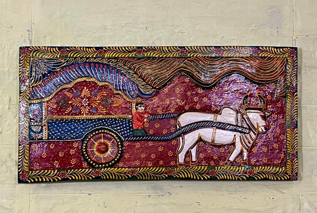 Vintage Hand-Painted Wooden Bullock Cart Panel: Traditional Wall Art