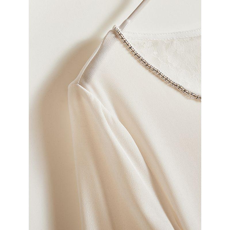 Plaid Into the Skin! Elegant Women's Tencel Cotton Beaded Short Sleeve Pullover Pure Color Series T-shirt Summer Floral Lace