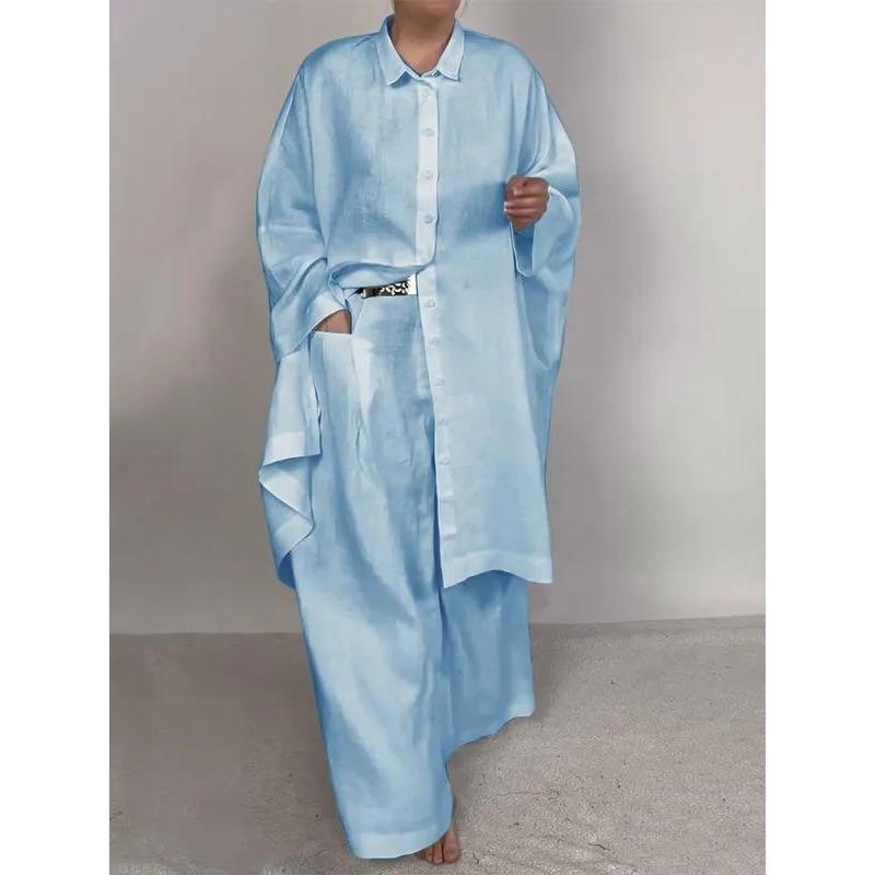 Весна и осень Повседневный свободный однотонный костюм с длинным рукавом и широкими брюками