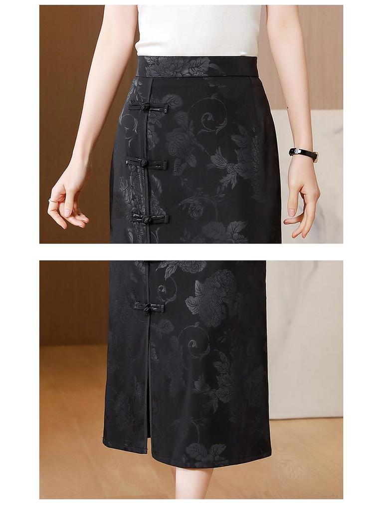 Women's Summer 2023 Retro Jacquard Frog Button Bodycon Midi Skirt with Slit