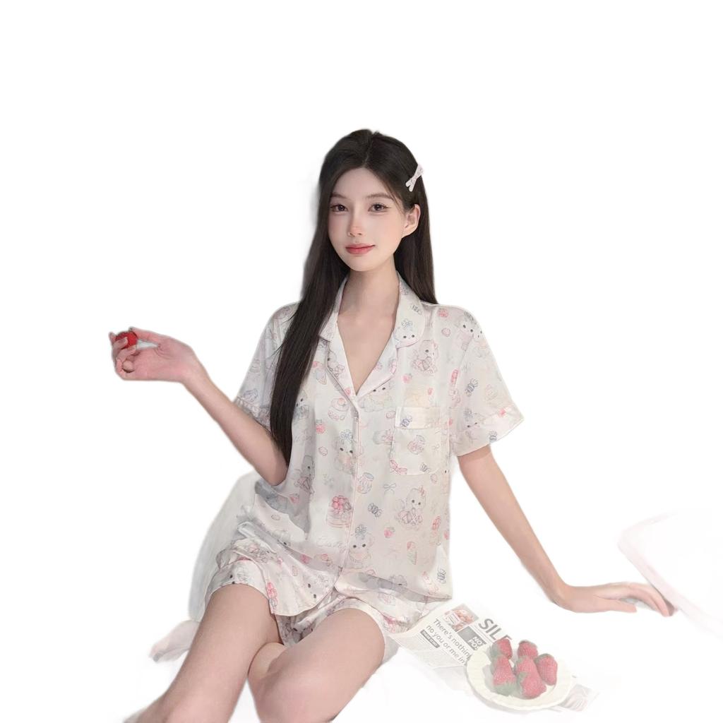 1011 new ice silk pajamas women's summer short-sleeved trousers two-piece set cute cartoon can be worn outside loungewear high-end sense