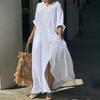 Весна Лето Женское Платье Плюс Размер Свободный Чистый Цвет Однобортный Карманы V-образный вырез Длинные рукава Разрез подол Мягкий Дышащий Повседневный Длина до щиколотки