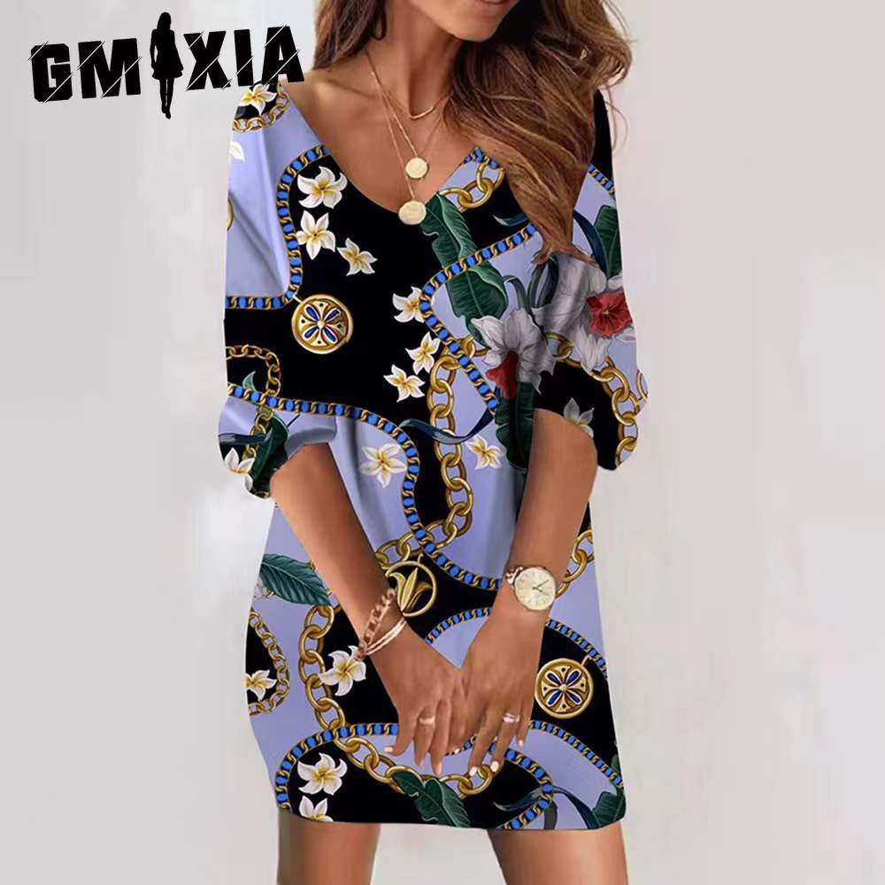 GMXIA Casual Loose V-Neck Printed Midi Sleeve Women's Dresses