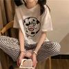 Summer Gilrs Two Pieces Sets Pajamas Short Sleeve Trousers O-neck Homewear Thin Elastic Loose Soft Plaid Cartoon Printing Cute