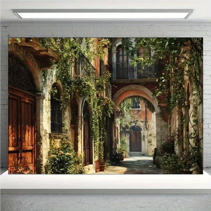 2D Romantic European Alley Backdrop, Old Town with Green Vines for Photoshoot