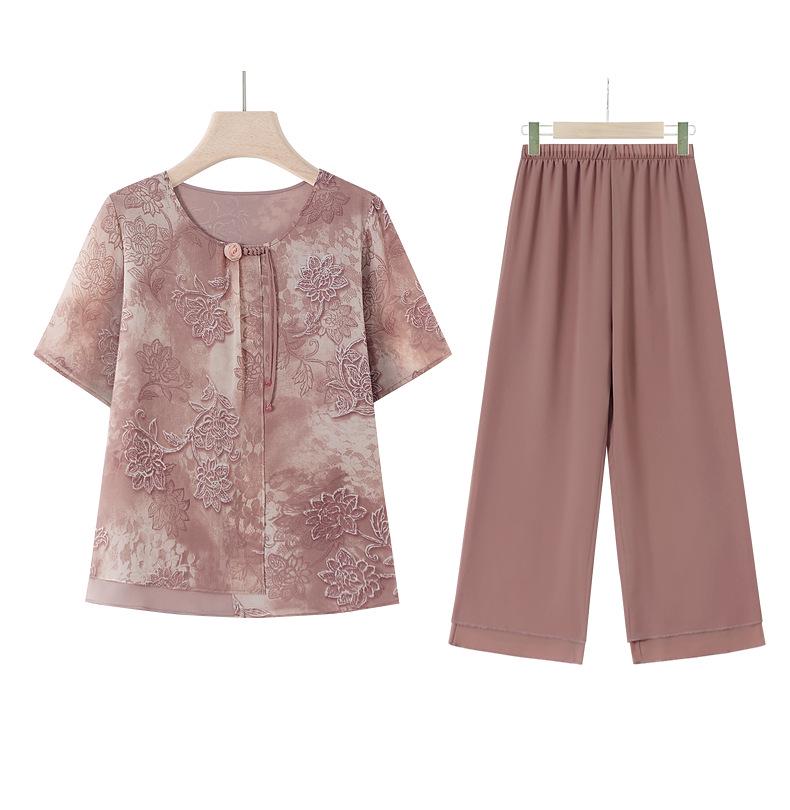 Летний шифоновый комплект из футболки и блузки для женщин среднего и пожилого возраста - Модный комплект-двойка с коротким рукавом