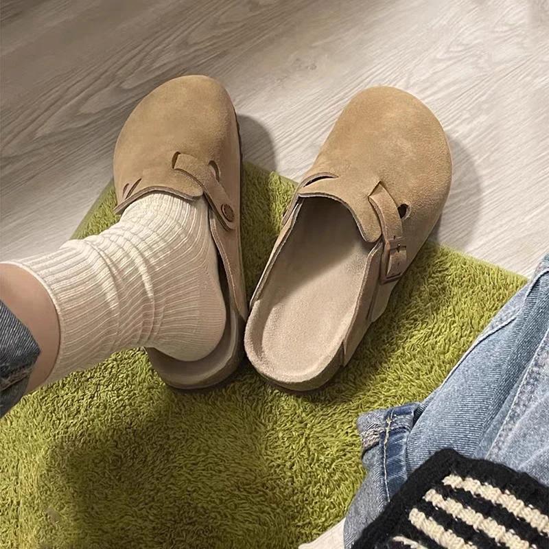 Модные летние ретро шлепанцы в стиле Birken из коричневой искусственной замши, модные мюли на платформе с круглым носком, уличные женские шлепанцы на мягкой подошве из пробки