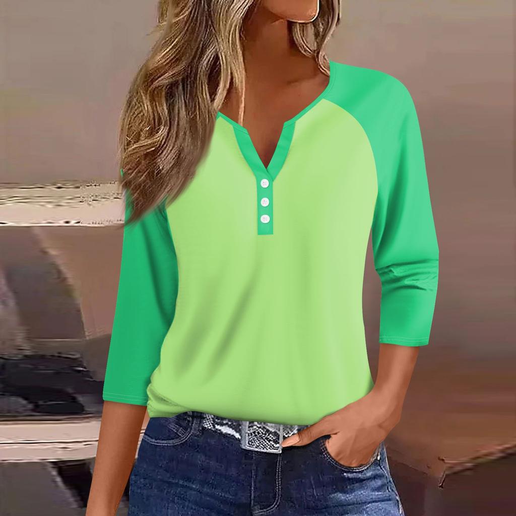 Жен. Футболка Футболка с принтом Пуговицы Рукав 3/4 Рукав реглан Повседневные Выходные Мода Классический V-образный вырез Обычный Топ