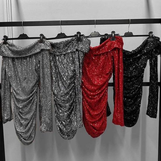 Women Evening Dress Off Shoulder Bandeau Slim Fit Sheath Shiny Sequin Long Sleeves Prom Party Mini Dress Star Celebrity Short Dress