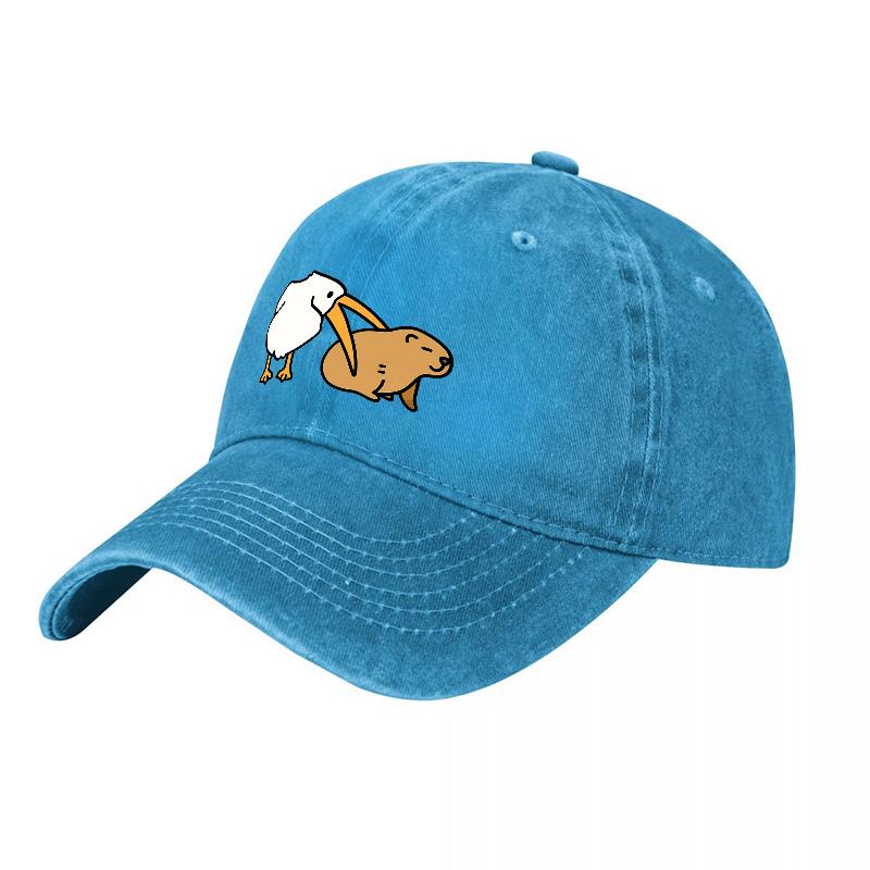 Washed Cotton Baseball Cap with Humorous Pelican and Beaver Design Unisex Adjustable Hat for Outdoor Activities and Casual Wear