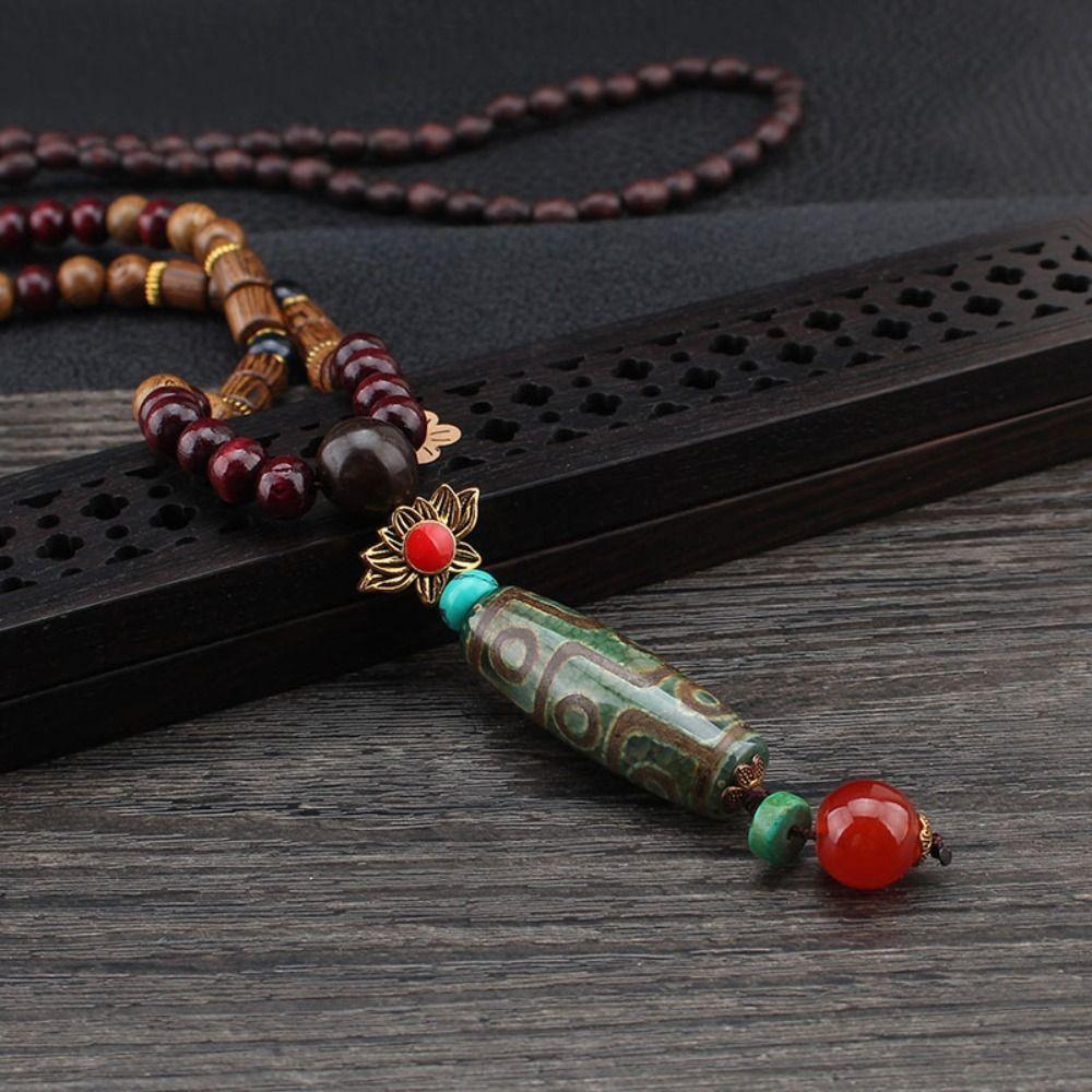 Vintage Lucky Gift Party Ethnic Jewelry Mala Wood Bead Nepal Necklace Horn Fish Pendant Buddhist