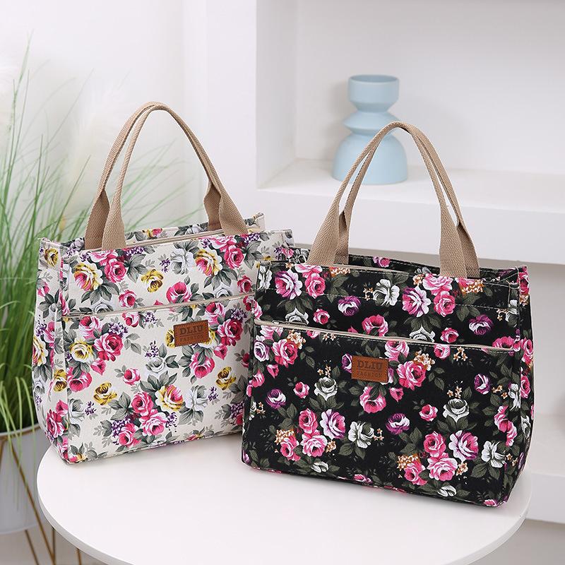 Fashion Floral Print Tote Bag Portable Canvas Lunch Bag Women's Casual Handbag Bento Mommy Shoulder Bag For Picnic Travel AVE