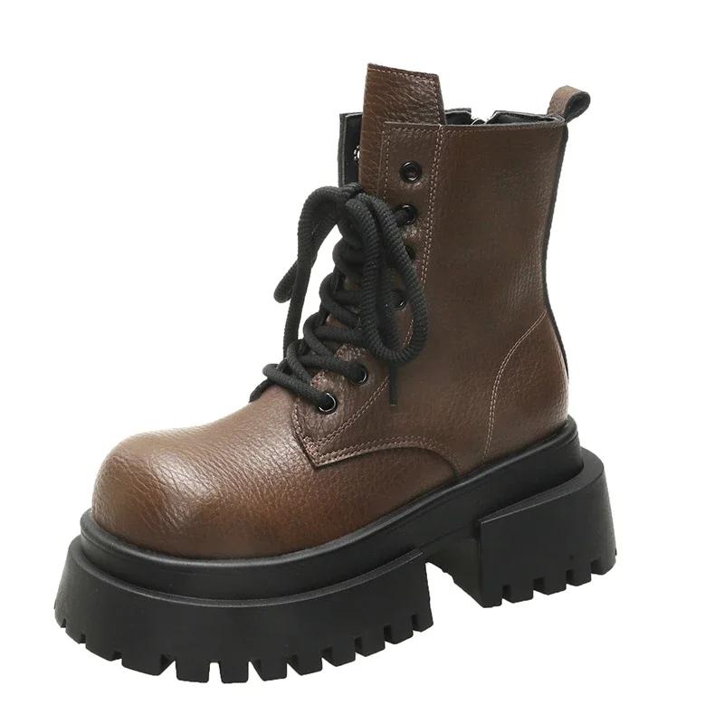 Модные 7 см Женские Ботильоны на Толстом Каблуке на Шнуровке Черные Массивные Ботинки Новые 2024 Зимние Кожаные Ботинки Женские Ботинки на Платформе Панк Высокий Каблук