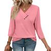 Womens 3/4 Sleeve Daily Weekend V Neck Casual Printed Tshirts Loose Fit Pleated Tees Button Down Shirts