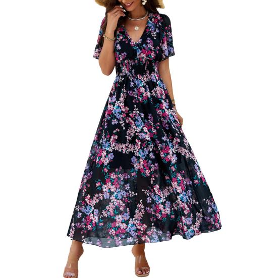 Женское летнее платье макси в стиле бохо с глубоким V-образным вырезом, оборками и короткими рукавами, шифоновый пляжный сарафан, повседневные длинные платья с цветочным принтом