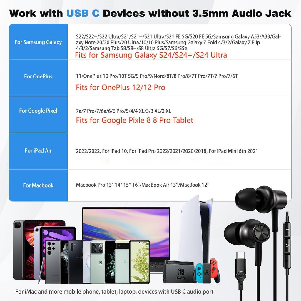 HGCXING USB C Headphones for Samsung S25 S24 FE Galaxy Tab S10 Magnetic HiFi Type C Earphones Noise Canceling Earphones with Mic Control for iPhone