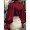 Women Satin Blouse Lapel Puff Long Sleeve Button Down Elegant Office Shirt