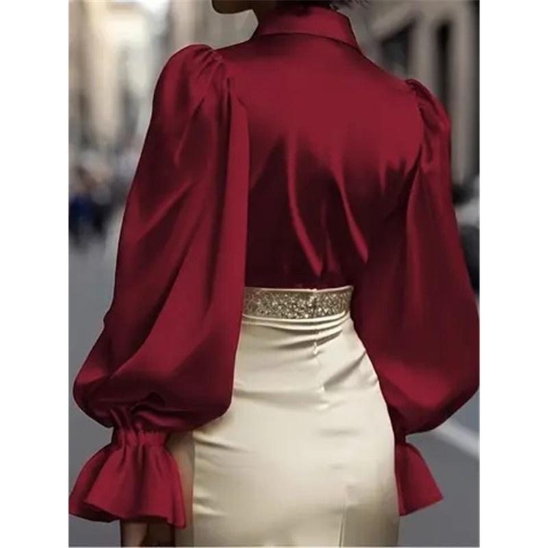 Women Satin Blouse Lapel Puff Long Sleeve Button Down Elegant Office Shirt