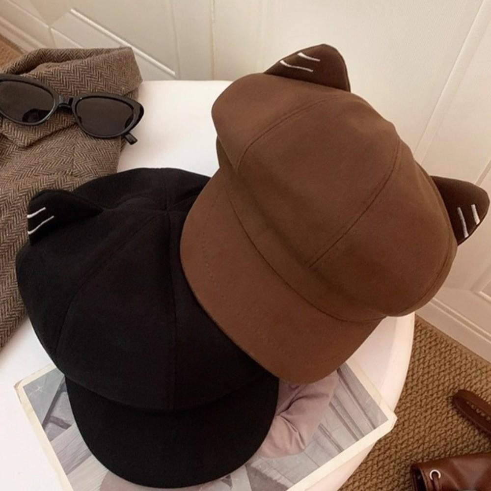 Solid Color British Beret Hat Woolen Octagonal Cap Cute Cat Ear Hat Women