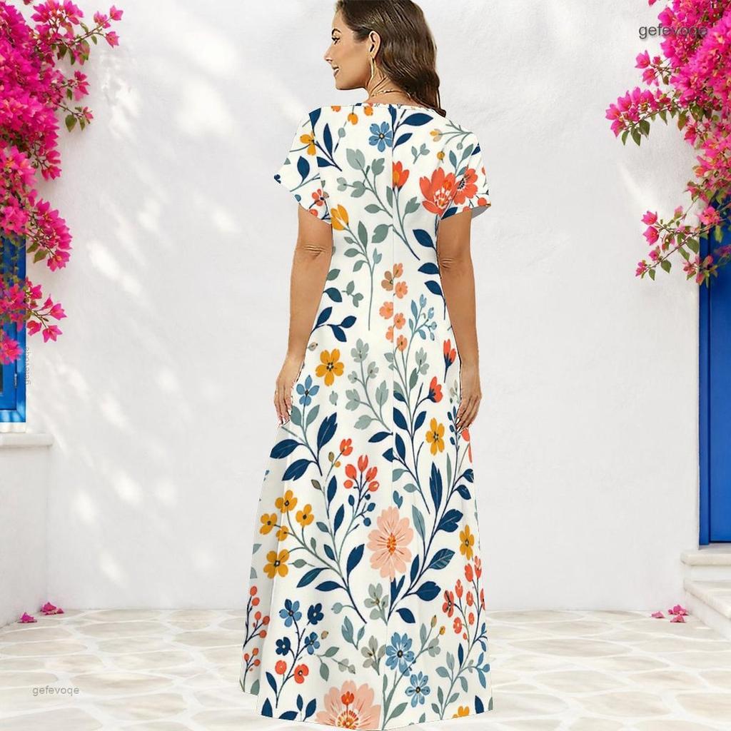 Women Plus Size V Neck Short Sleeve Floral Printed Navy Blue Straight Long Dress