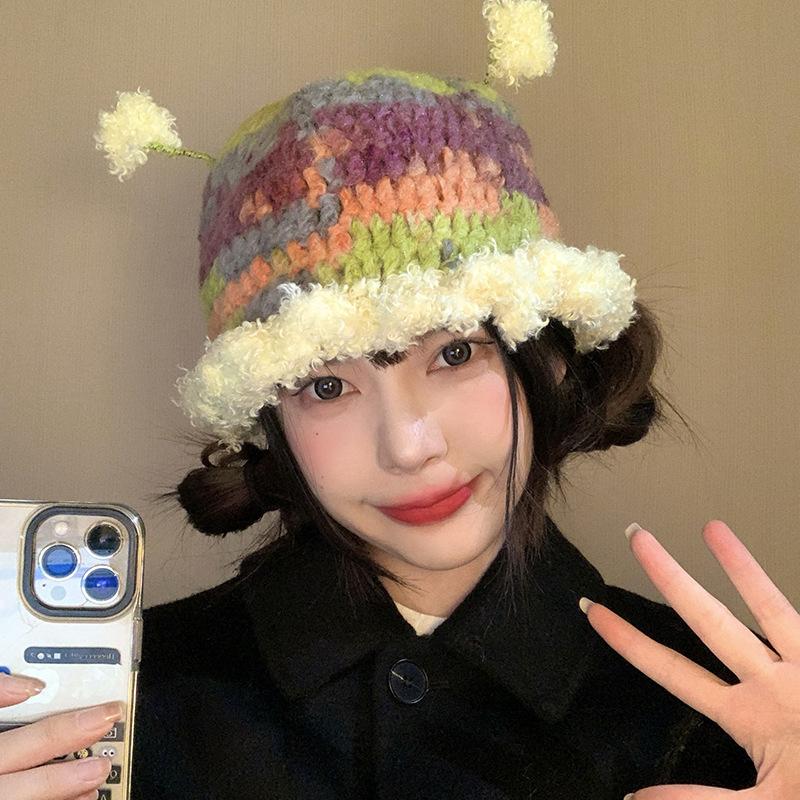 Cute Antenna Plush Warm Fisherman Hat Children Winter Mixed Color Face Small Versatile Bucket Hat