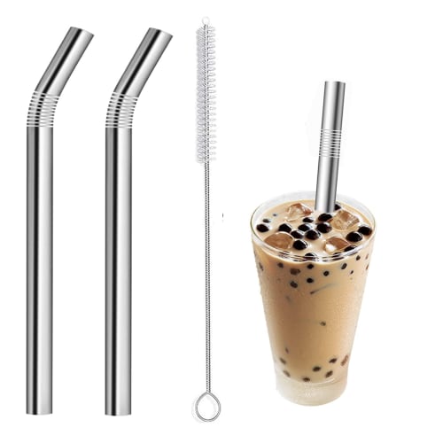 Wide Stainless Steel Straw, Perfect for Tapioca and Milk Tea, Large Straw, Clog-Resistant, Easy to Suck, 12mm Diameter x 210mm Length, Reusable, Inclu