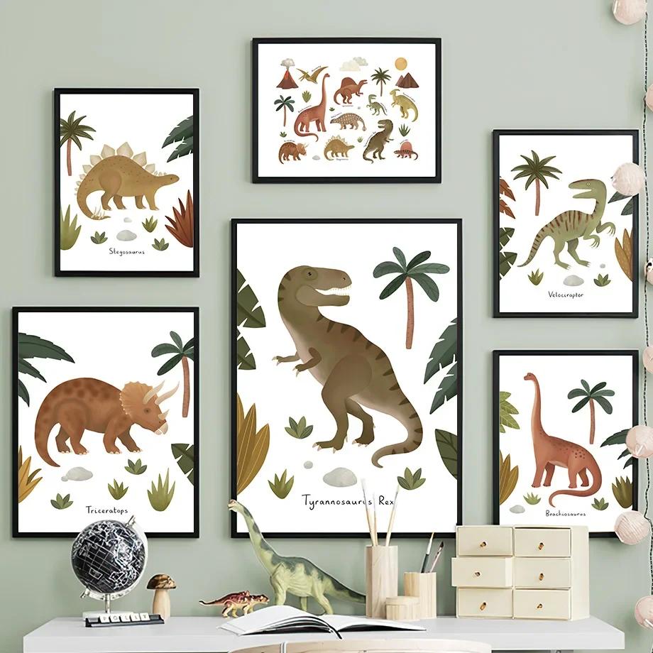 Dinosaur Tyrannosaurus Rex Triceratops Tree Cartoon Wall Art Canvas Painting Posters And Prints Wall Pictures Kids Room