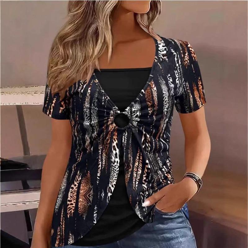 Женская новая поддельная двухсекционная круглая этническая принтованная повседневная с короткими рукавами