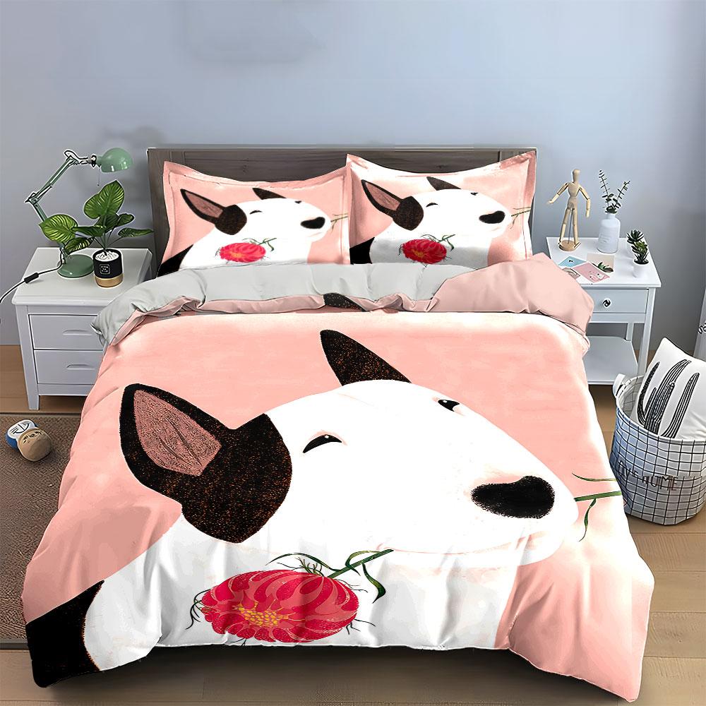 Bull Terrier with Pink Flower Bedding Duvet Cover Set Duvet Cover Pillowcases (1*Duvet Cover 2*Pillowcases, without duvet insert)