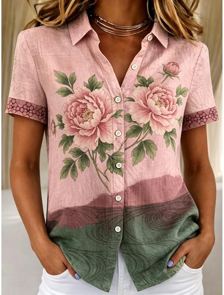 Women's Short Sleeve Peony Print Gradient Button Down Casual Shirt Elegant Daily Blouse Tops in Pink Green for Spring Summer